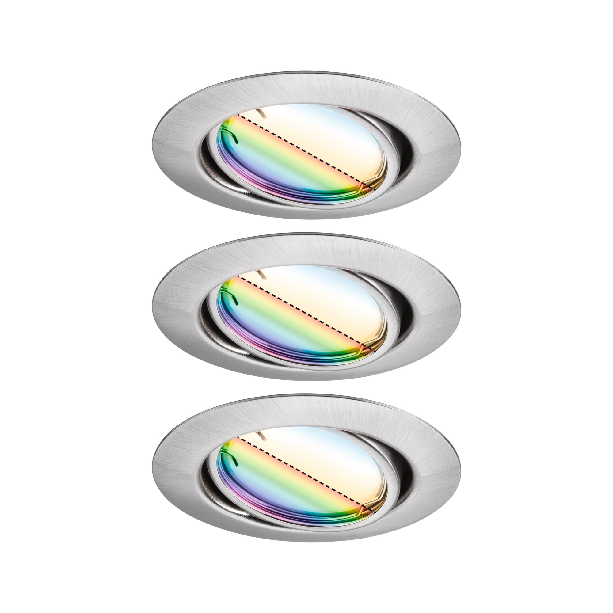 Drei runde Einbaustrahler aus gebürstetem Aluminium mit farbig schimmerndem Glas für LED-Beleuchtung