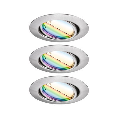 Drei runde Einbaustrahler aus gebürstetem Aluminium mit farbig schimmerndem Glas für LED-Beleuchtung