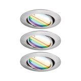 Drei runde Einbaustrahler aus gebürstetem Aluminium mit farbig schimmerndem Glas für LED-Beleuchtung