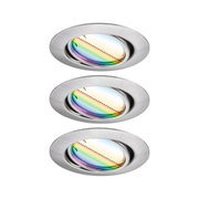 Drei runde Einbaustrahler aus gebürstetem Aluminium mit farbig schimmerndem Glas für LED-Beleuchtung