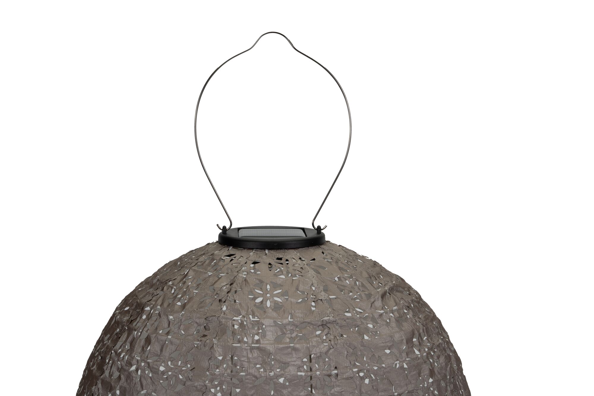 Round solar light with brown perforated lampshade and metal hanging handle for outdoor use