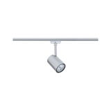 Moderne zilverkleurige metalen LED-spot op railsysteem voor flexibele verlichting