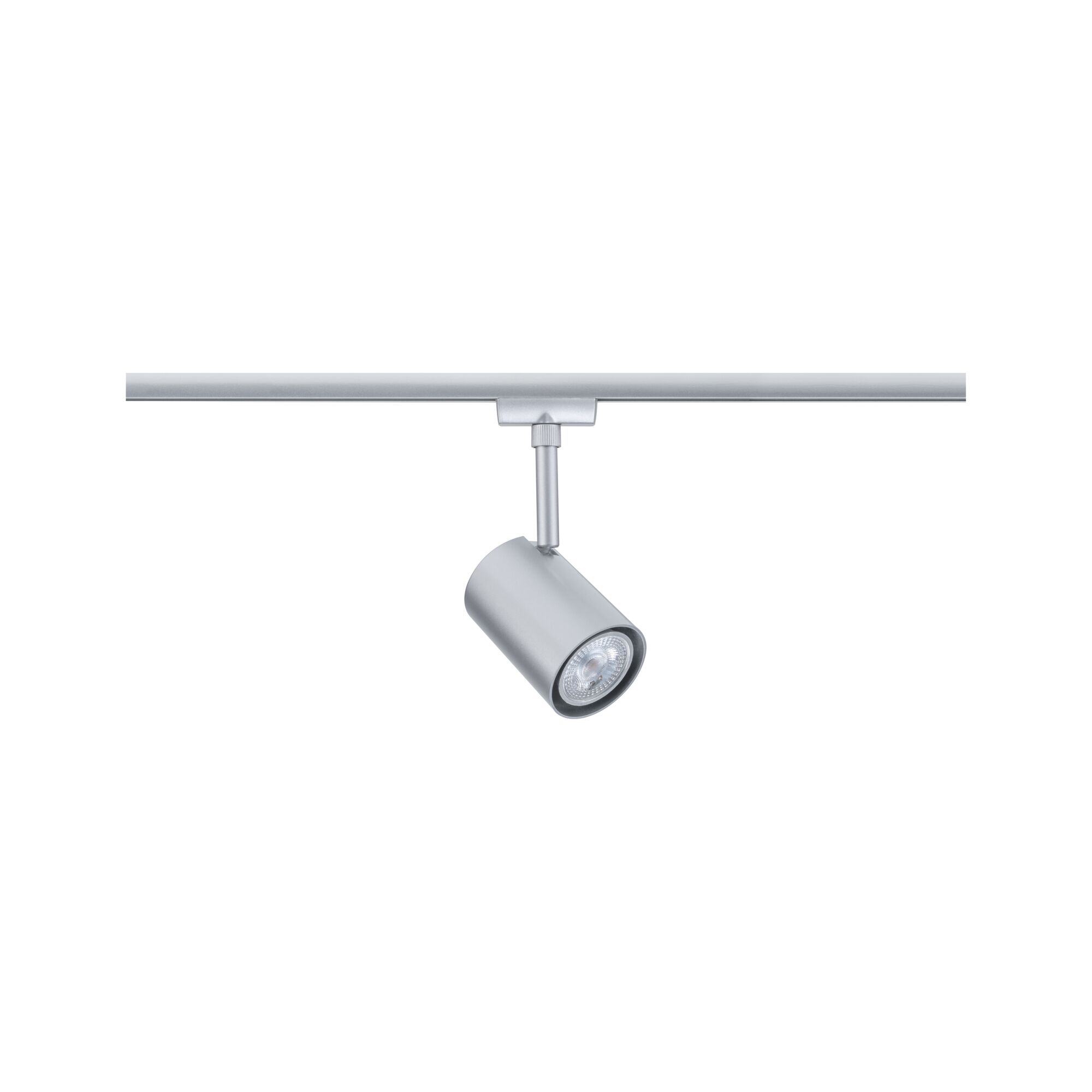 Moderner silberner LED-Strahler aus Metall an Schienensystem für flexible Raumbeleuchtung