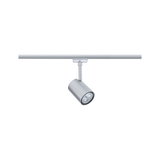 Moderner silberner LED-Strahler aus Metall an Schienensystem für flexible Raumbeleuchtung