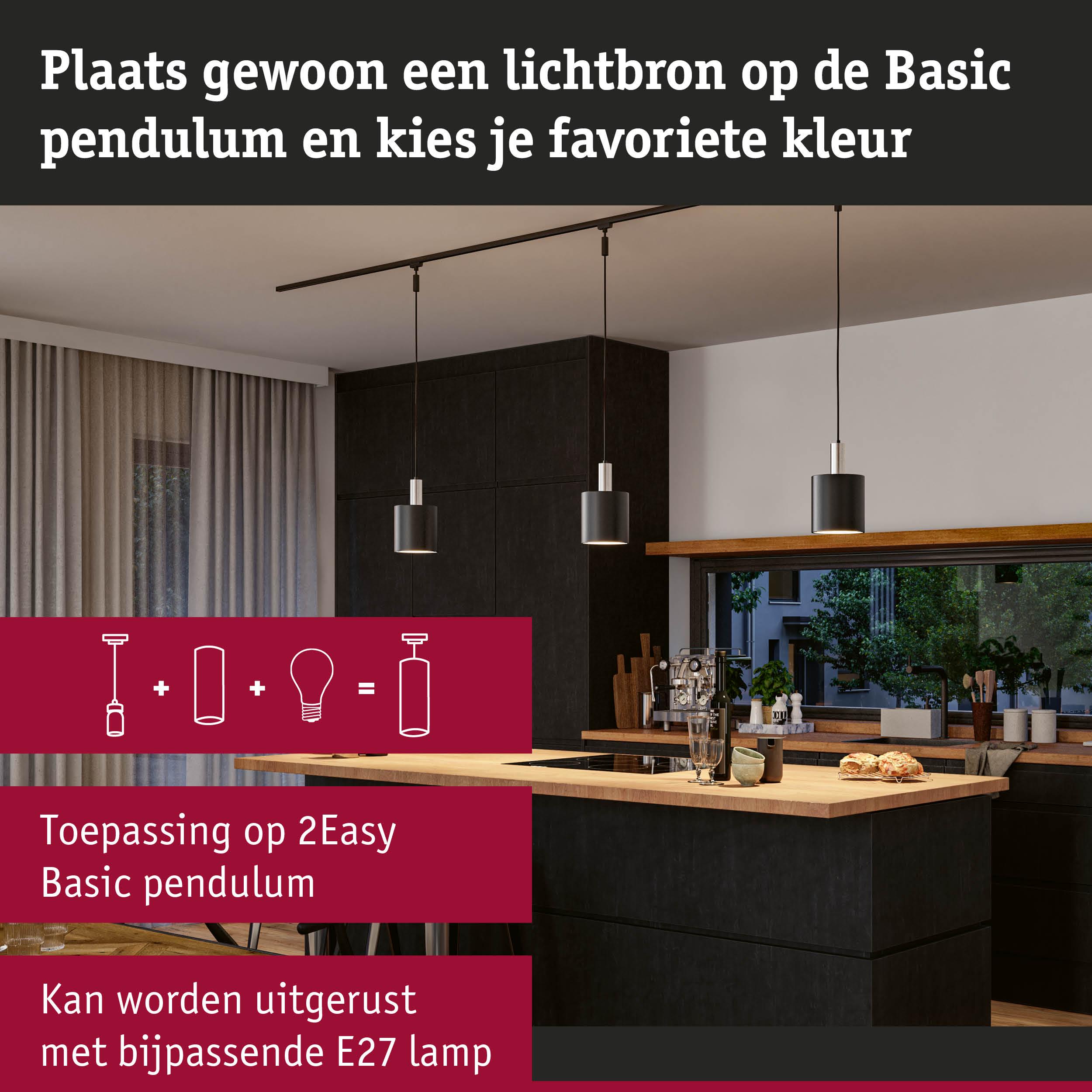 Moderne zwarte metalen Basic pendelverlichting in keuken met houten werkblad en E27 lampen