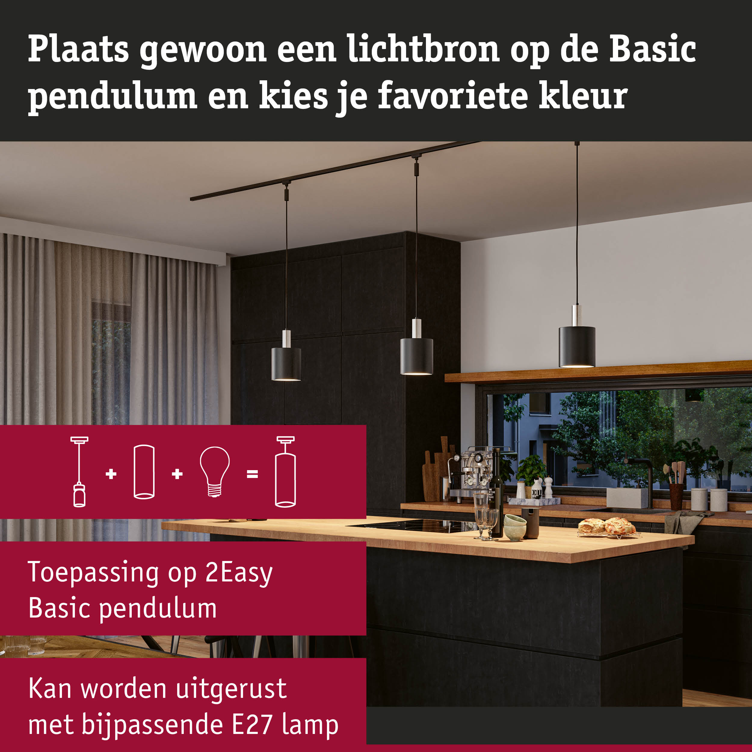 Moderne zwarte metalen hanglampen in keuken met houten werkblad en raamzicht
