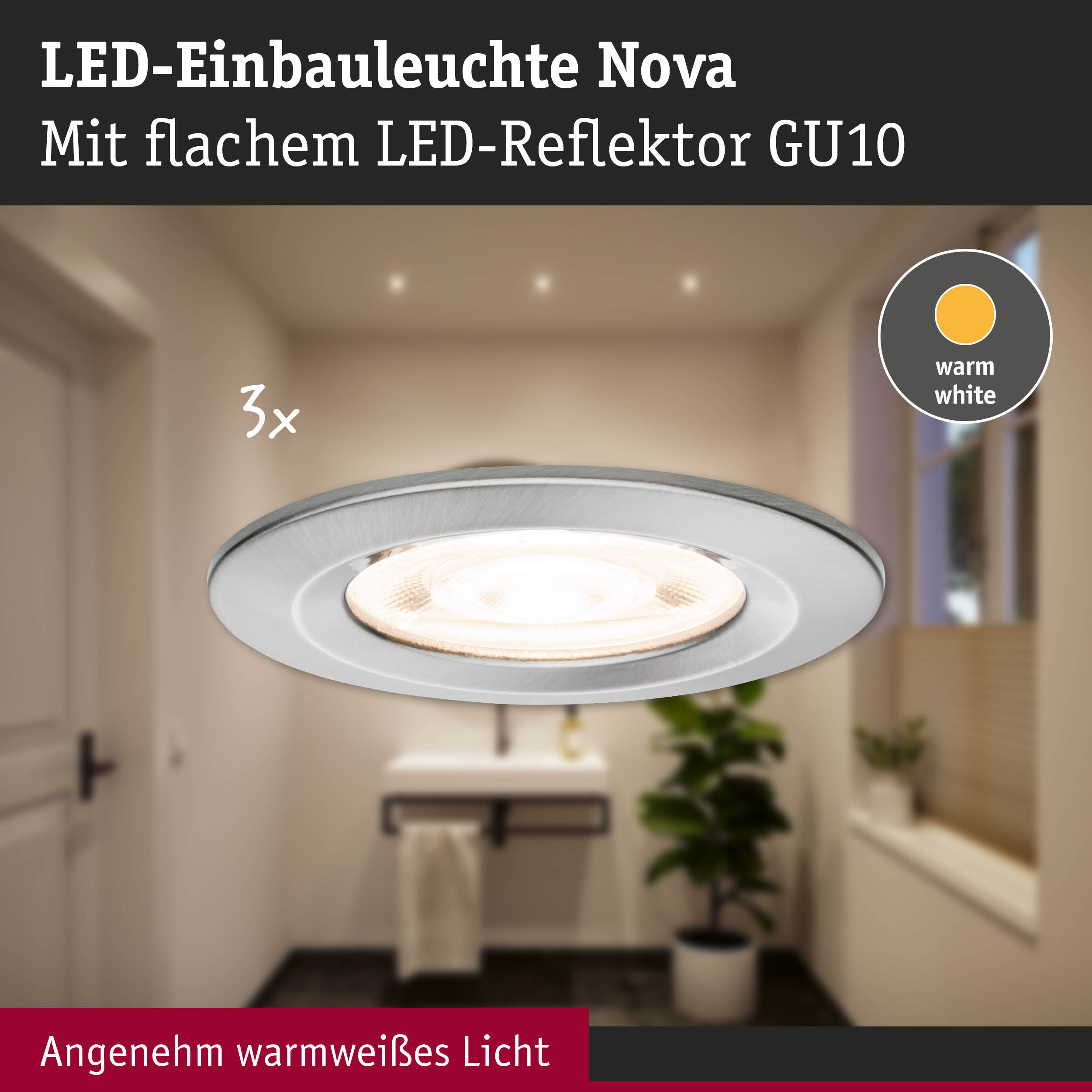 LED-Einbauleuchte Nova aus Metall in Silber mit warmweißem Licht für Badezimmerbeleuchtung