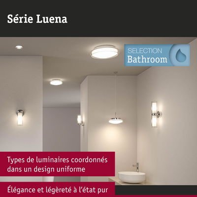 Éclairage de salle de bain moderne série Luena avec plafonniers et appliques chromés et blancs