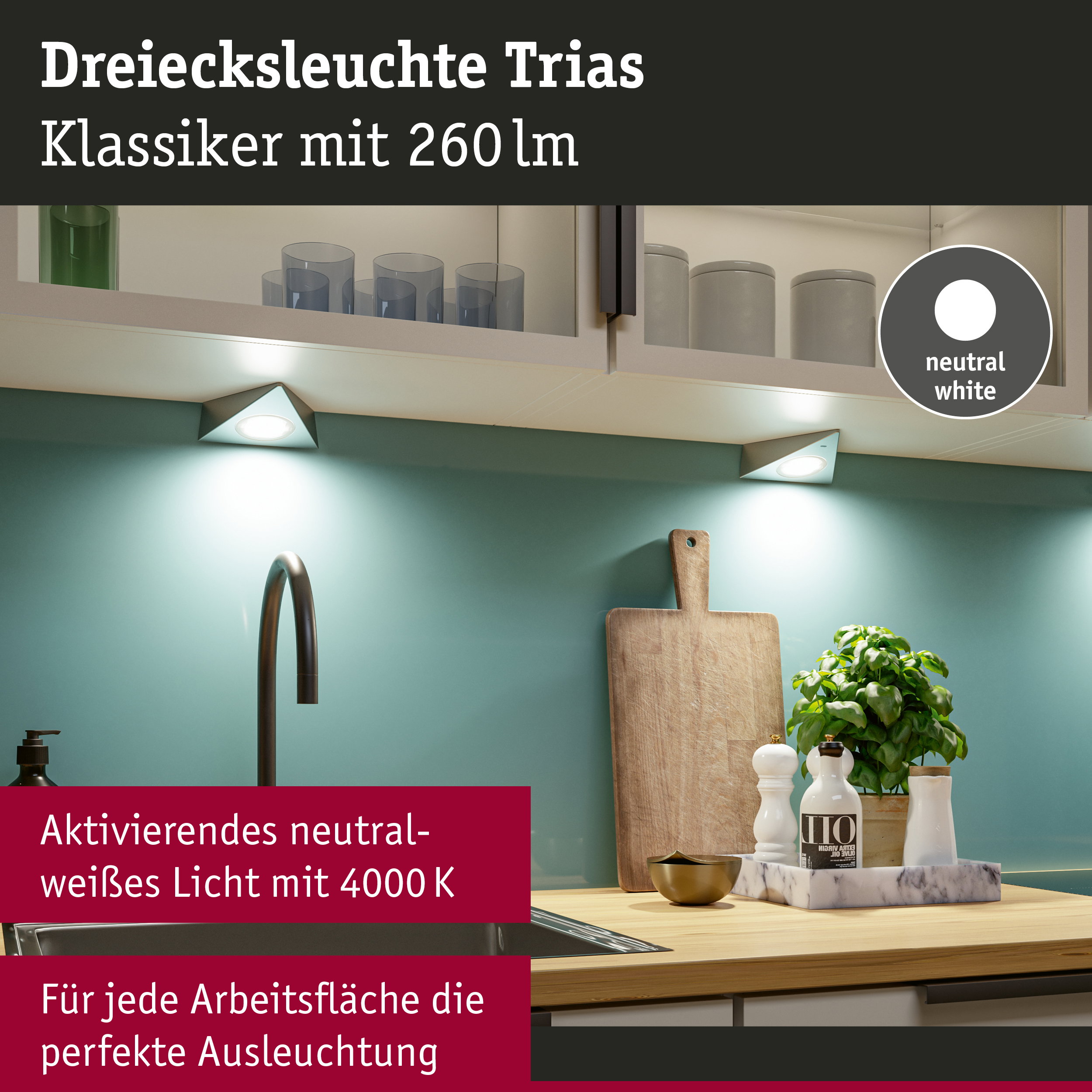 Dreieckige LED-Unterbauleuchte Trias in Weiß mit neutralweißem Licht für Küchenarbeitsflächen