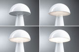 Four views of a white mushroom table lamp made of plastic with adjustable light intensity