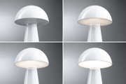Vier Ansichten einer weißen Pilz-Tischlampe aus Kunststoff mit einstellbarer Lichtintensität