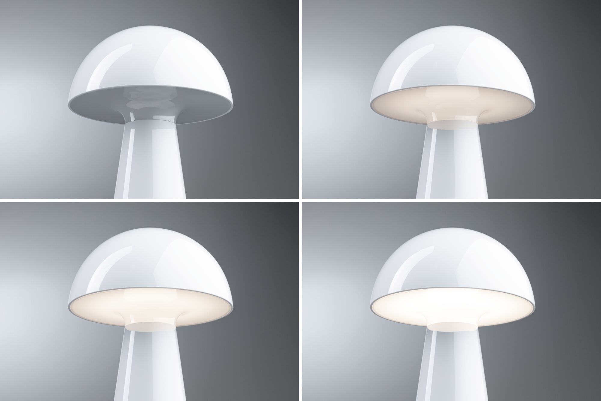 Vier Ansichten einer weißen Pilz-Tischlampe aus Kunststoff mit einstellbarer Lichtintensität