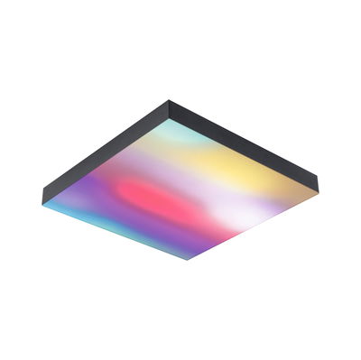 Square ceiling light with black frame and multicolored diffused glass for ambient room lighting