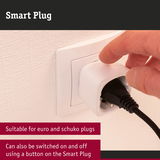 White plastic smart plug with Schuko socket, can be manually switched on and off via button