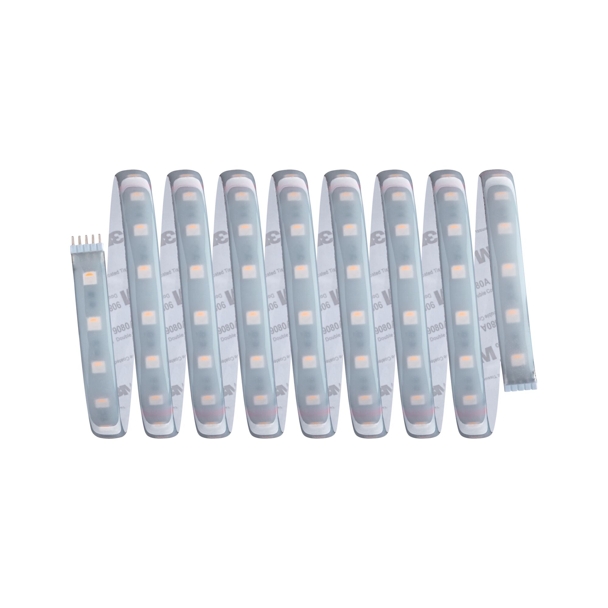 Flexible LED strip with warm white LEDs and adhesive backing for versatile lighting solutions.
