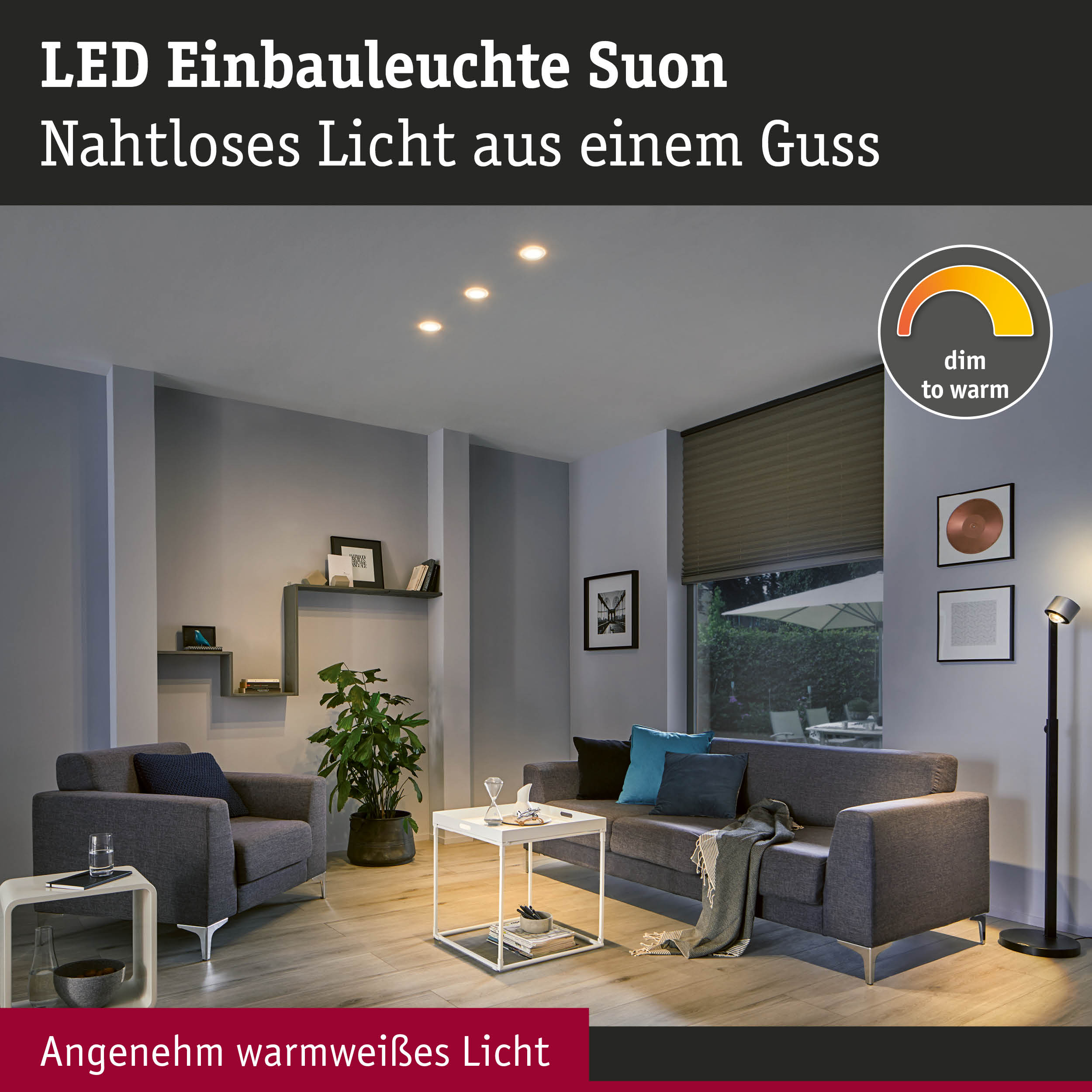 LED Einbauleuchte Suon in Grau mit warmweißem Licht für stimmungsvolle Raumbeleuchtung