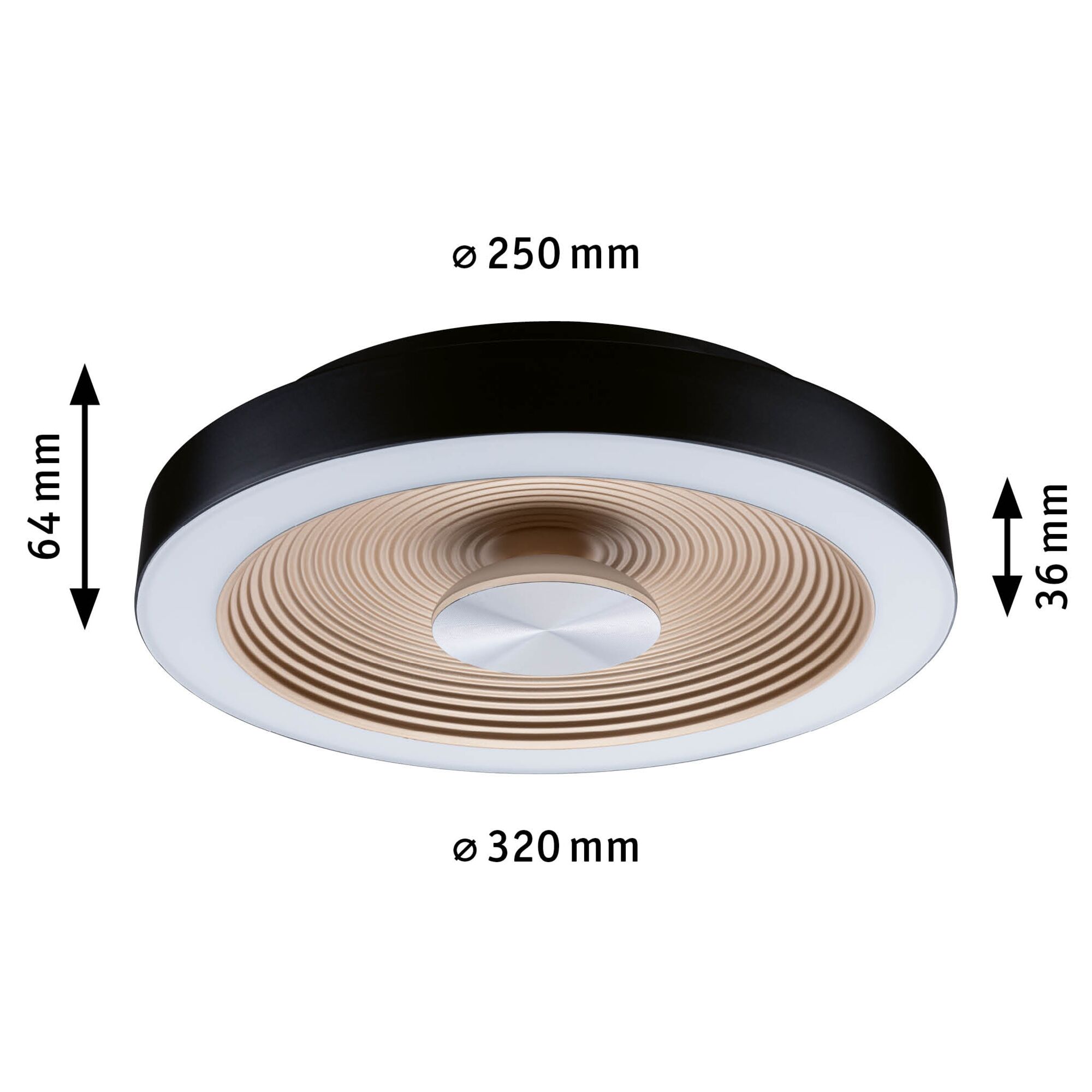 Round ceiling light with black edge and beige ribbed center, dimensions 320x64 mm, LED lighting