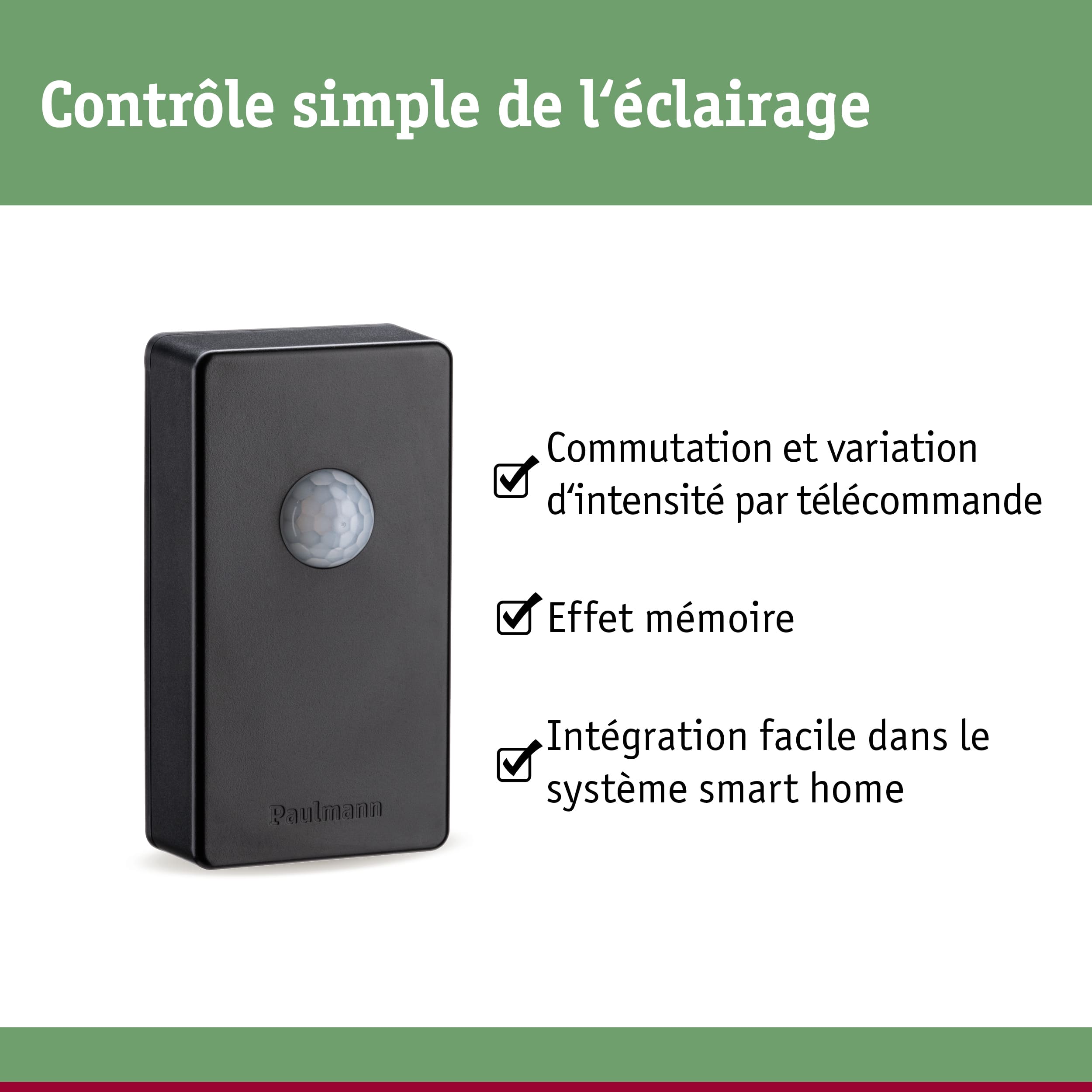 Détecteur de mouvement noir en plastique avec contrôle simple de l'éclairage et intégration domotique facile