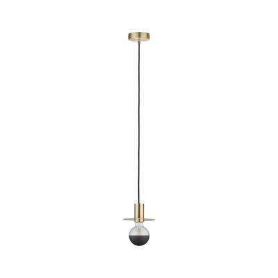 Modern brass pendant light with black LED bulb and flat shade, ideal for stylish home lighting
