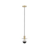 Moderne messing hanglamp met zwarte LED-lamp en platte kap, geschikt voor sfeerverlichting thuis
