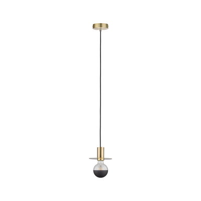 Moderne messing hanglamp met zwarte LED-lamp en platte kap, geschikt voor sfeerverlichting thuis