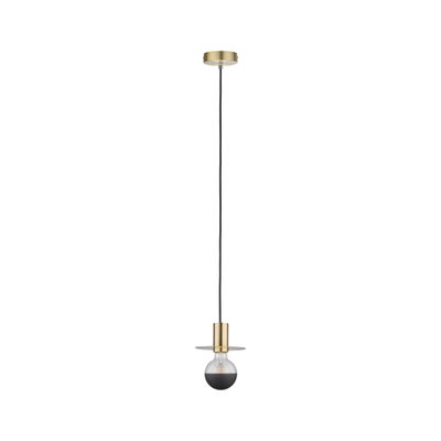 Modern brass pendant light with black LED bulb and flat shade, ideal for stylish home lighting