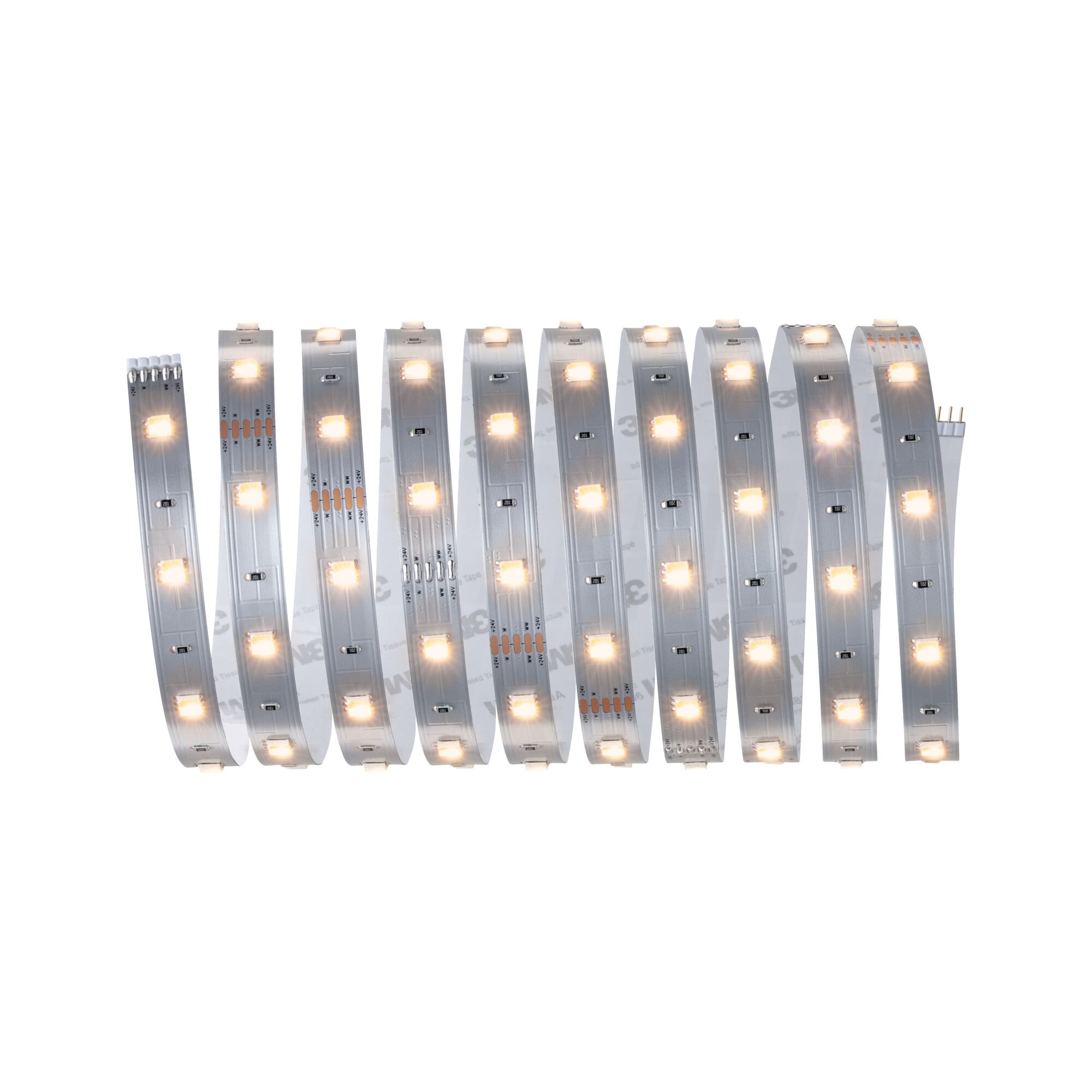 Flexibler LED-Streifen mit warmweißen Leuchtdioden auf silberner Platine für dekorative Beleuchtung