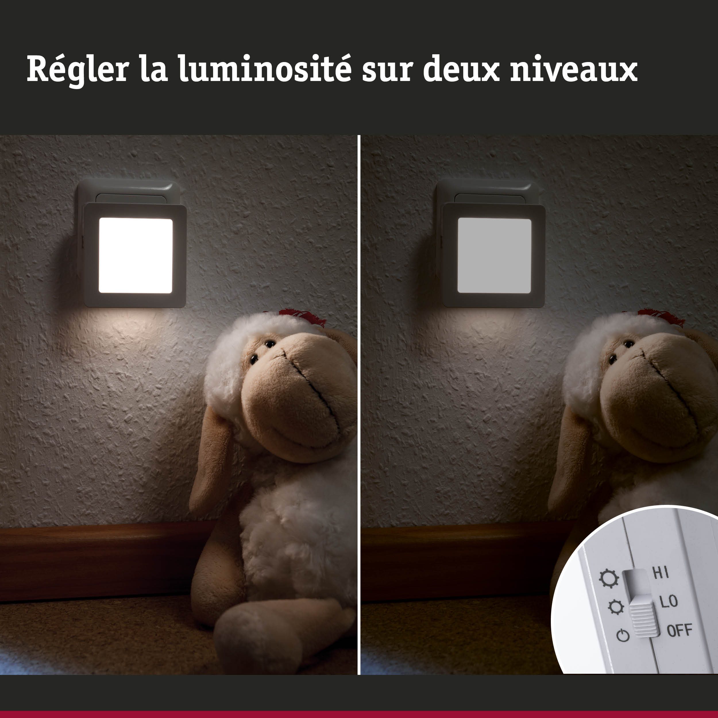 Veilleuse LED blanche réglable sur deux niveaux fixée au mur avec peluche dans chambre d'enfant