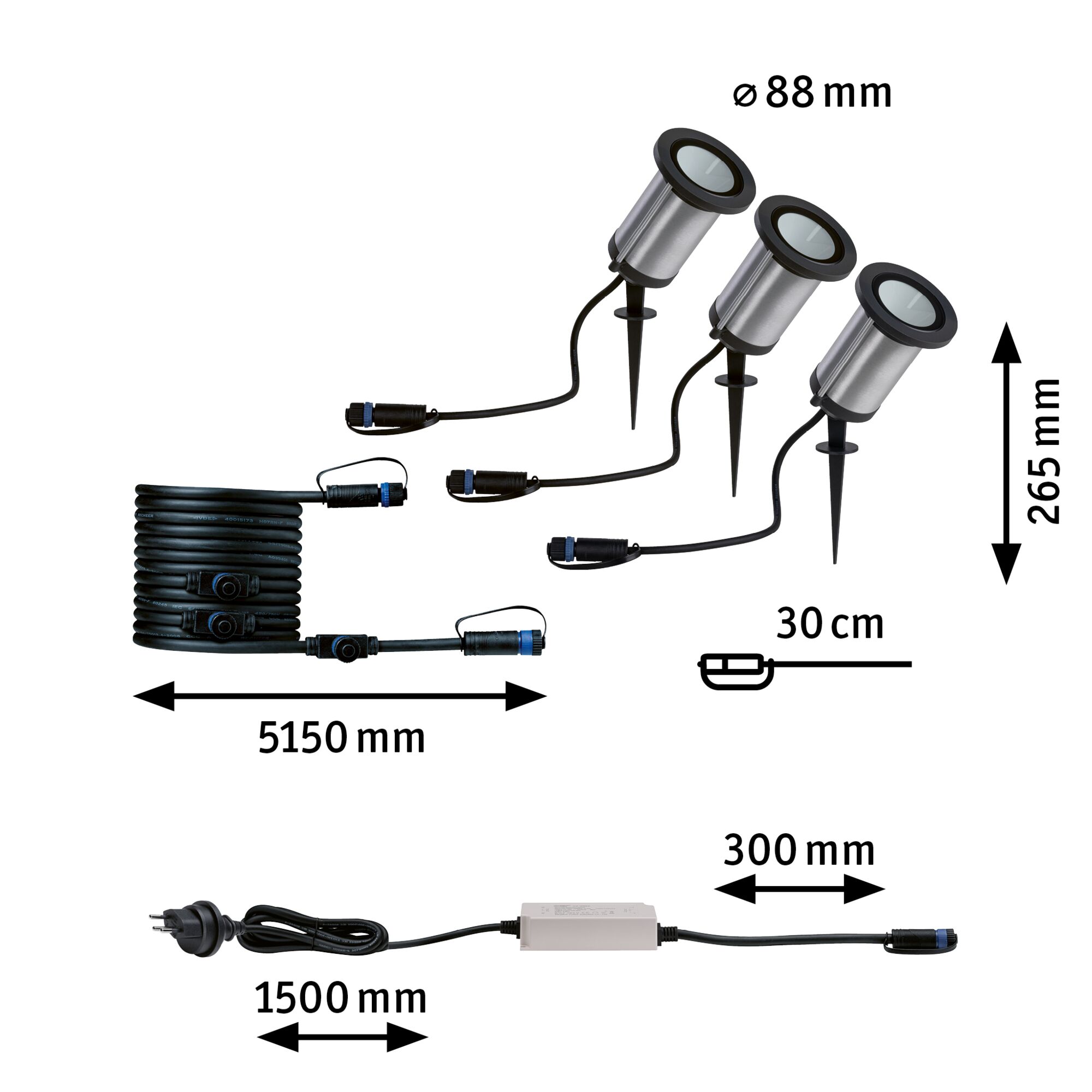 Outdoor stainless steel spotlight set with 3 lights, stakes, cables, and power supply, dimensions and connectors shown