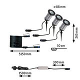 Outdoor stainless steel spotlight set with 3 lights, stakes, cables, and power supply, dimensions and connectors shown