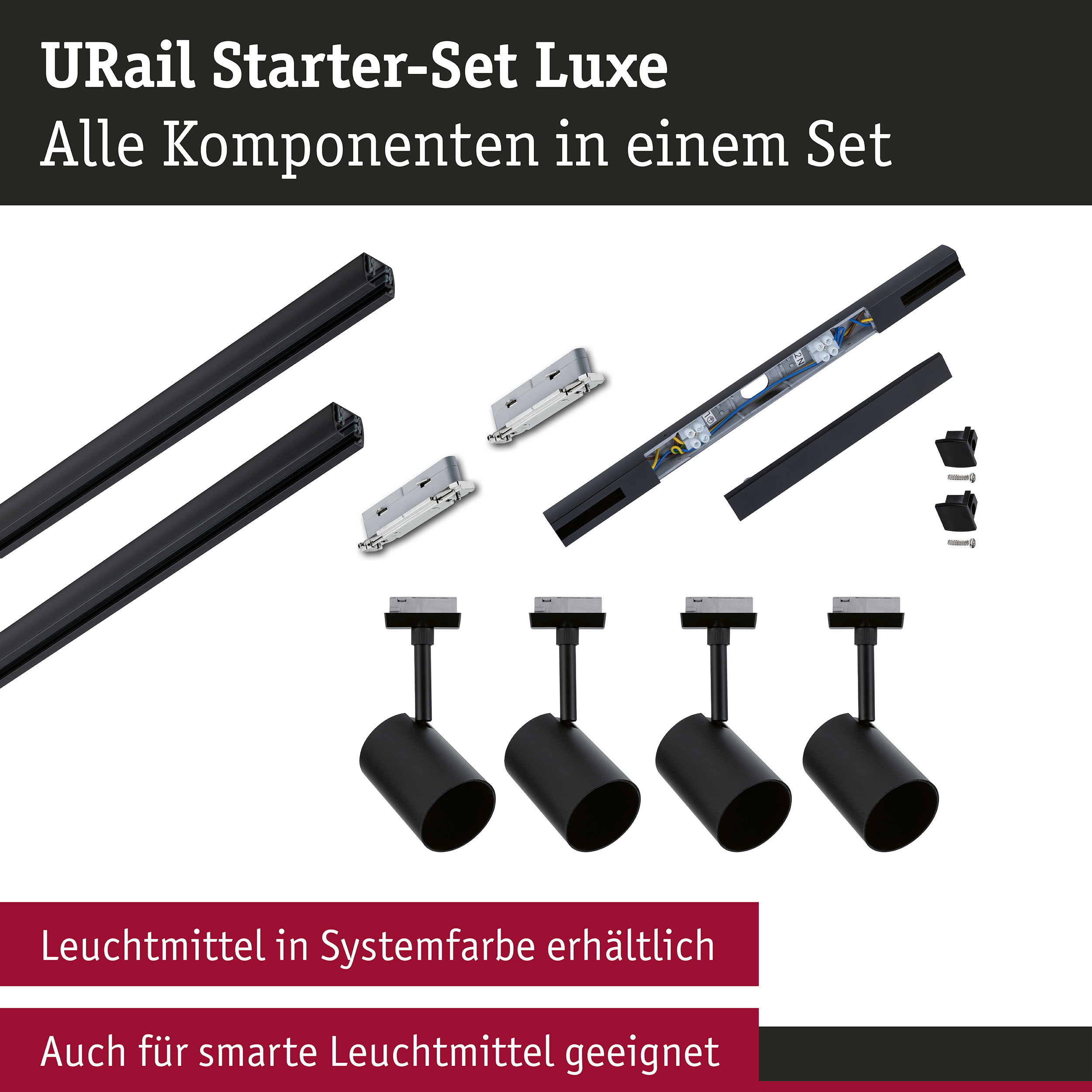 URail Schienenspot Luxe Starterset Mitteleinspeisung GU10 max. 10W 230V Schwarz matt
