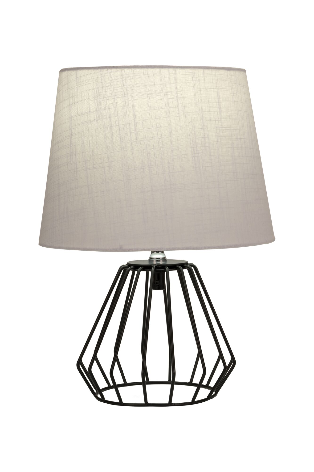 Moderne Tischlampe mit schwarzem Metallgestell und hellem Stoffschirm für Wohnraumbeleuchtung