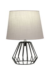 Moderne Tischlampe mit schwarzem Metallgestell und hellem Stoffschirm für Wohnraumbeleuchtung