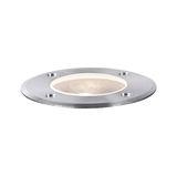 Round recessed LED floor spotlight in brushed stainless steel with warm white light for outdoor use
