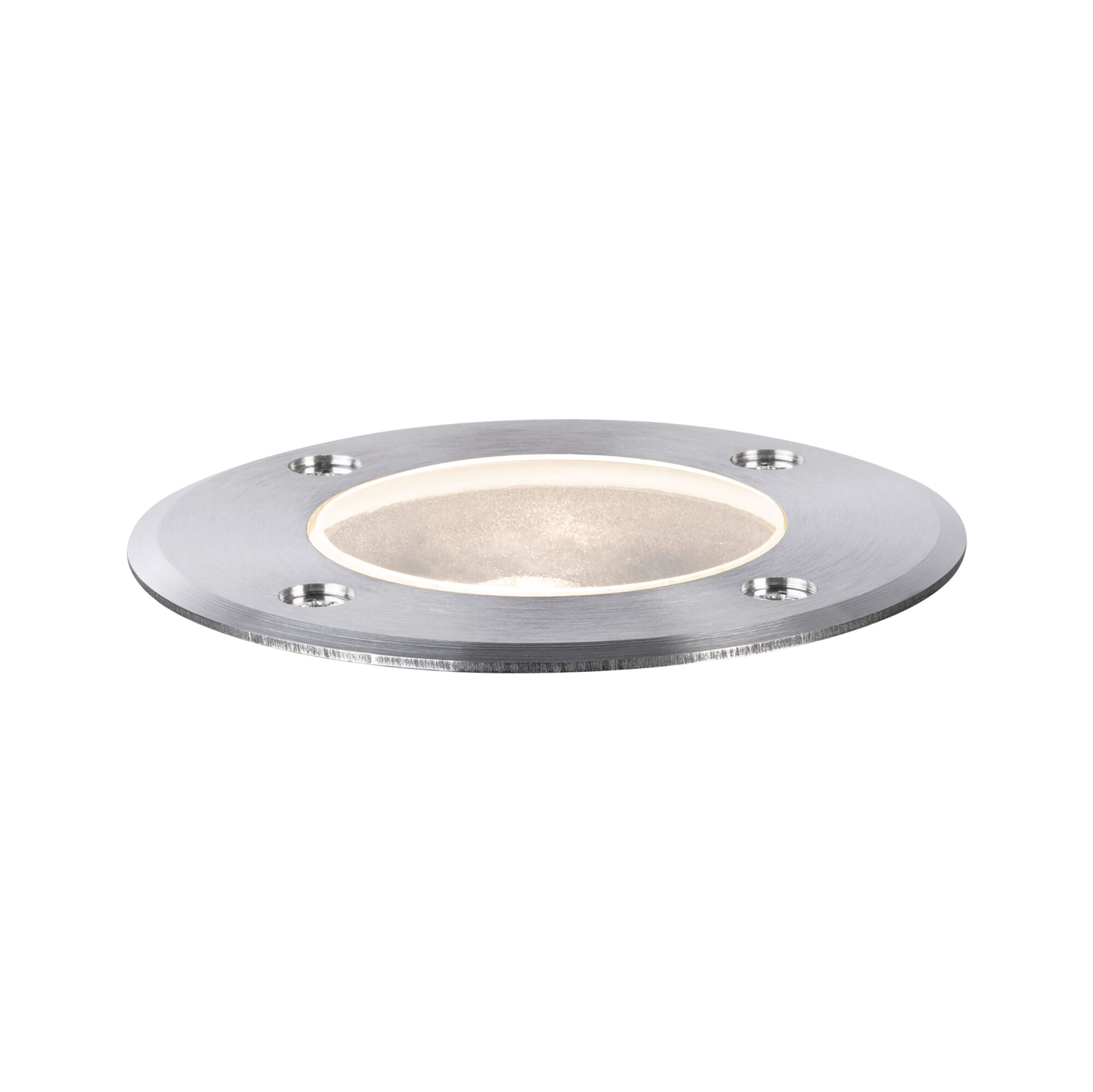 Round recessed LED floor spotlight in brushed stainless steel with warm white light for outdoor use