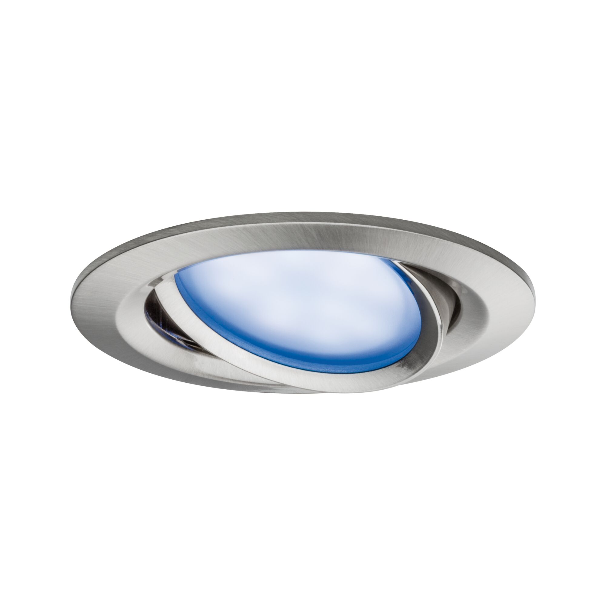 Rundstrahler aus gebürstetem Edelstahl mit blauem Glas für moderne LED-Einbauleuchten