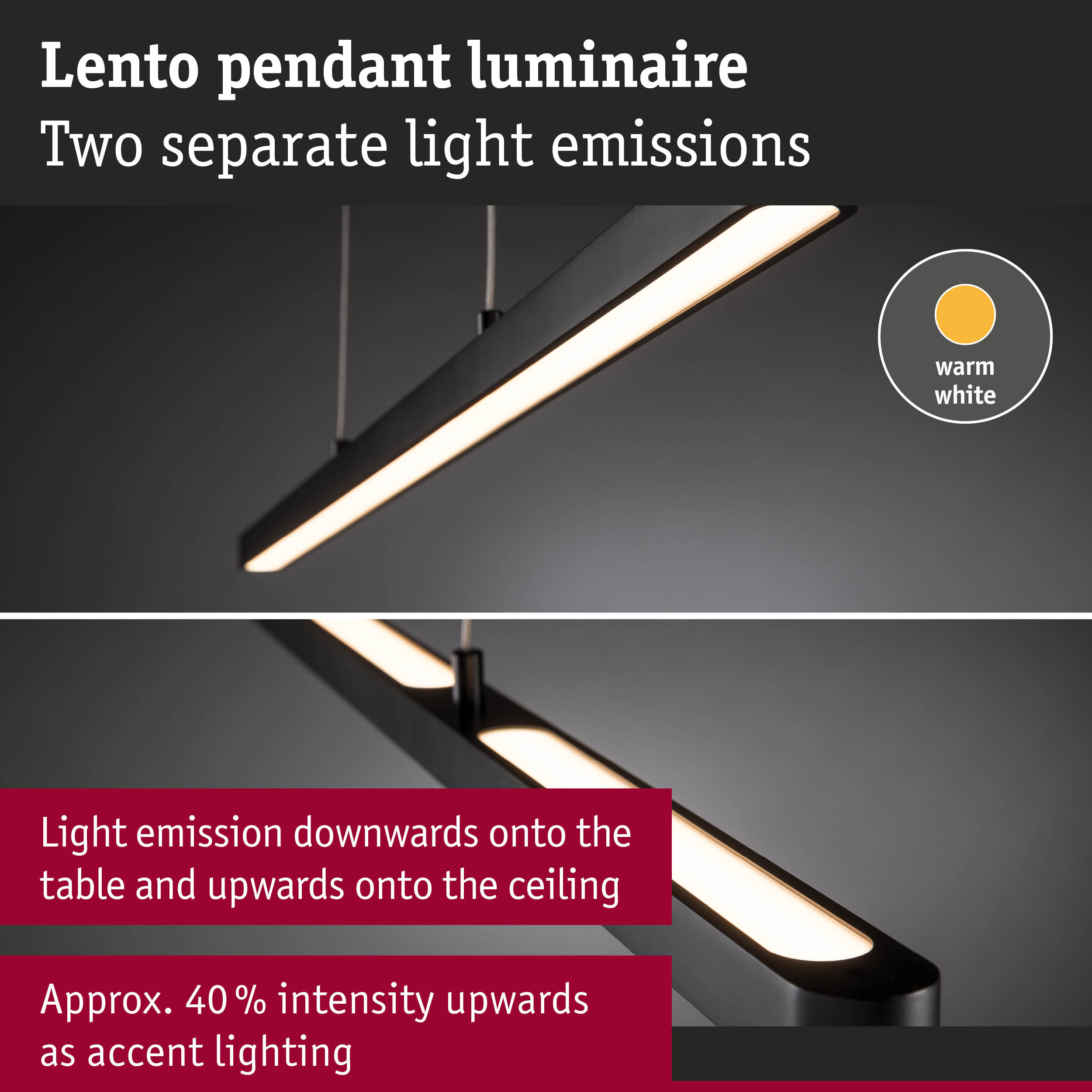 Lento black pendant luminaire with warm white light and two separate light emissions for accent lighting