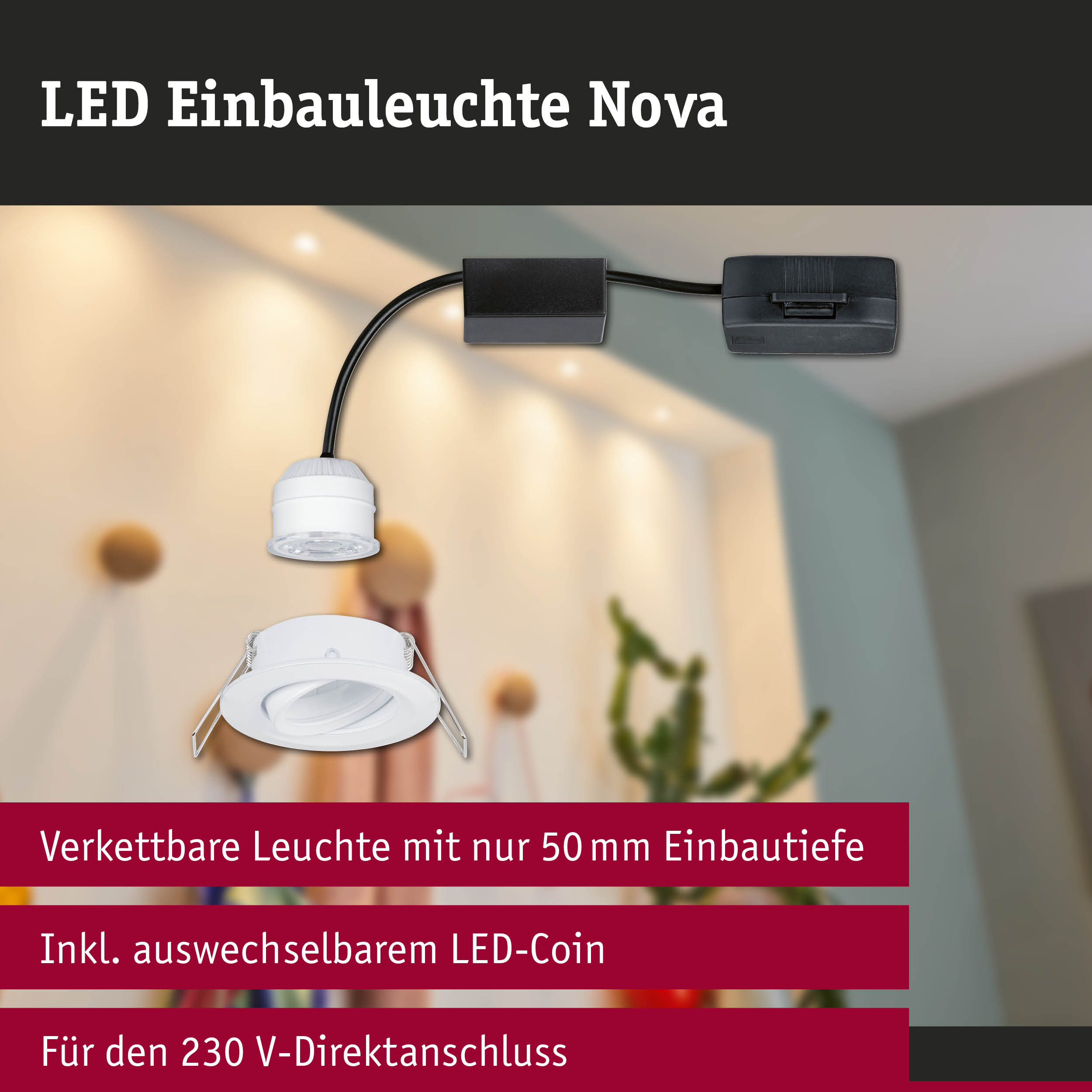 LED Einbauleuchte Nova in Weiß mit 50 mm Einbautiefe und austauschbarem LED-Coin für 230 V Anschluss