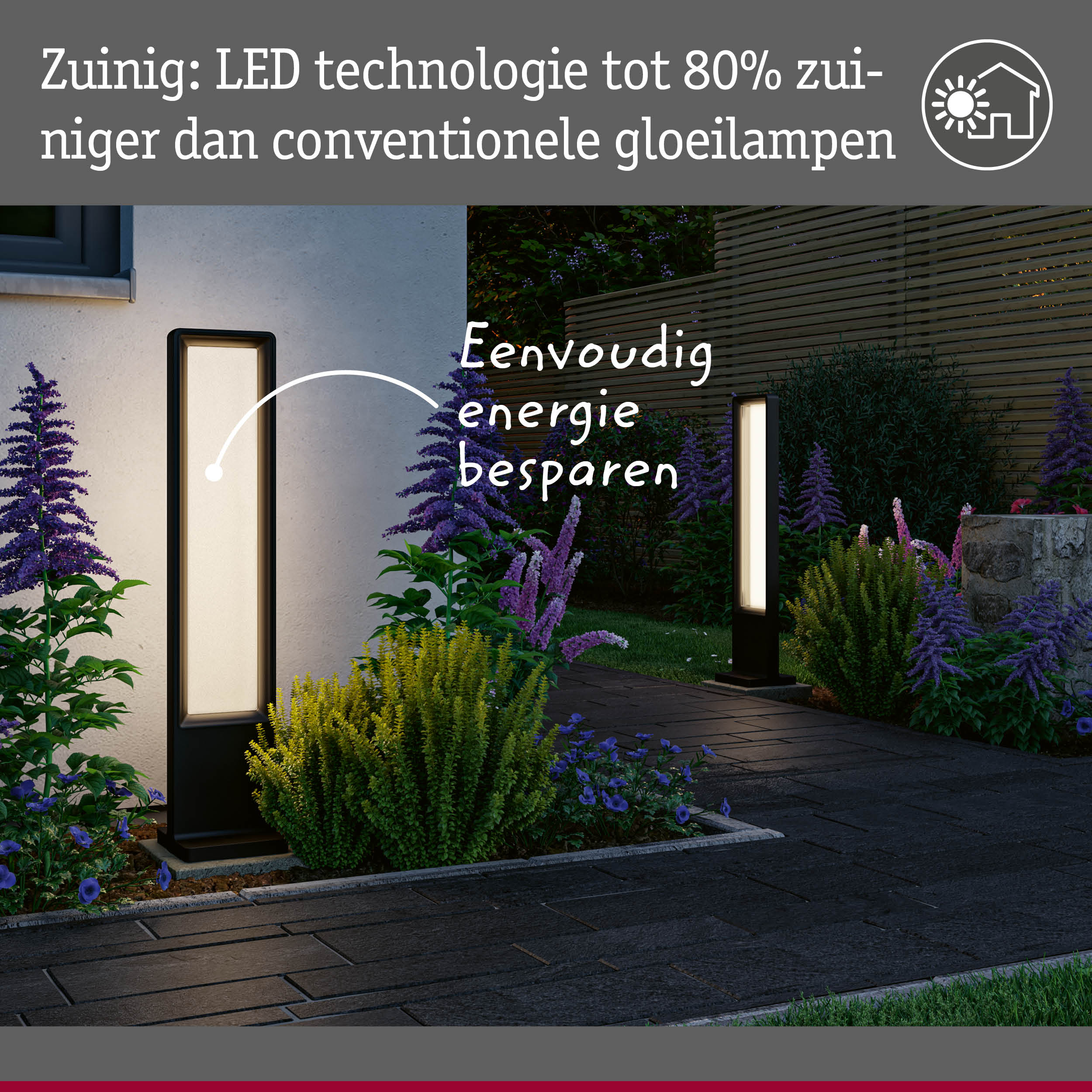 Moderne zwarte LED-buitenlampen met energiebesparende technologie verlichten tuinpad 's nachts