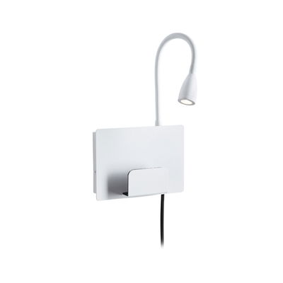 Witte LED-wandlamp met flexibele leesarm en geïntegreerde metalen telefoonhouder