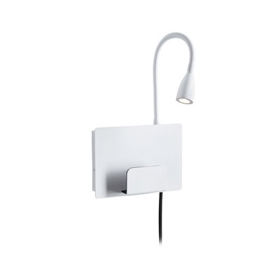 White LED wall lamp with flexible reading arm and integrated metal phone holder