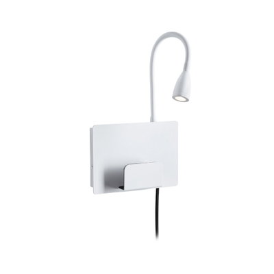 Applique murale LED blanche avec bras de lecture flexible et support téléphone intégré en métal