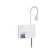 White LED wall lamp with flexible reading arm and integrated metal phone holder