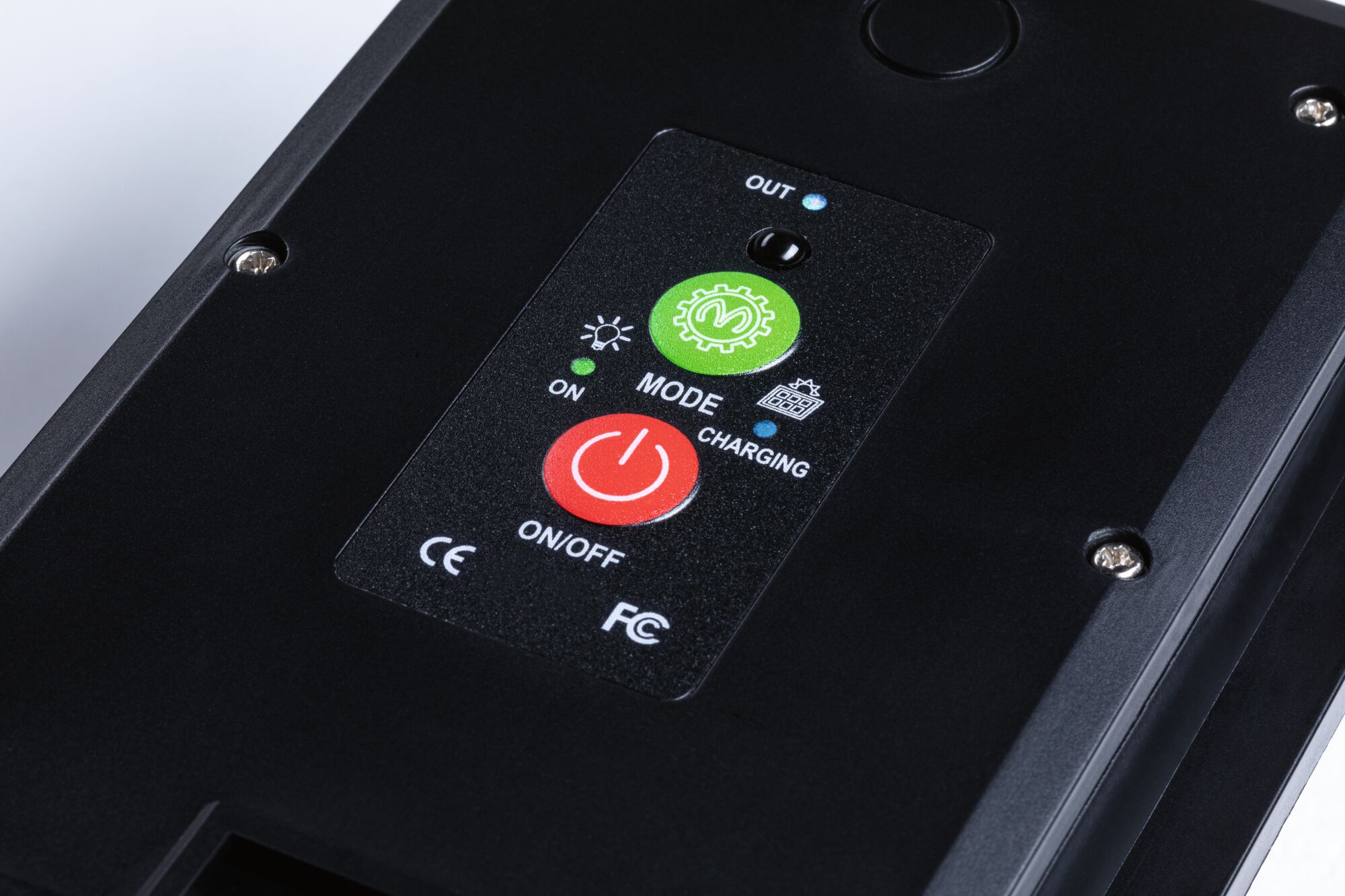 Black electronic control panel with red and green buttons for on/off and mode, LED indicators.