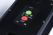 Black electronic control panel with red and green buttons for on/off and mode, LED indicators.