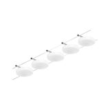 Vijf witte ronde LED-kabelspots met metalen bevestigingen voor moderne verlichtingssystemen