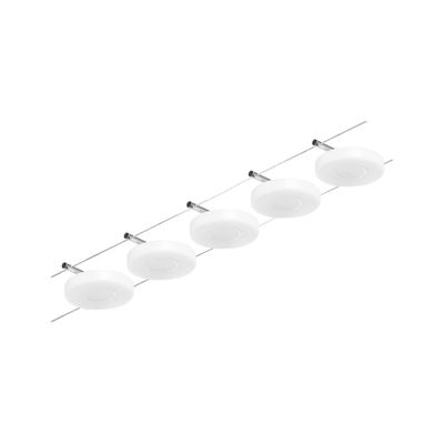 Vijf witte ronde LED-kabelspots met metalen bevestigingen voor moderne verlichtingssystemen