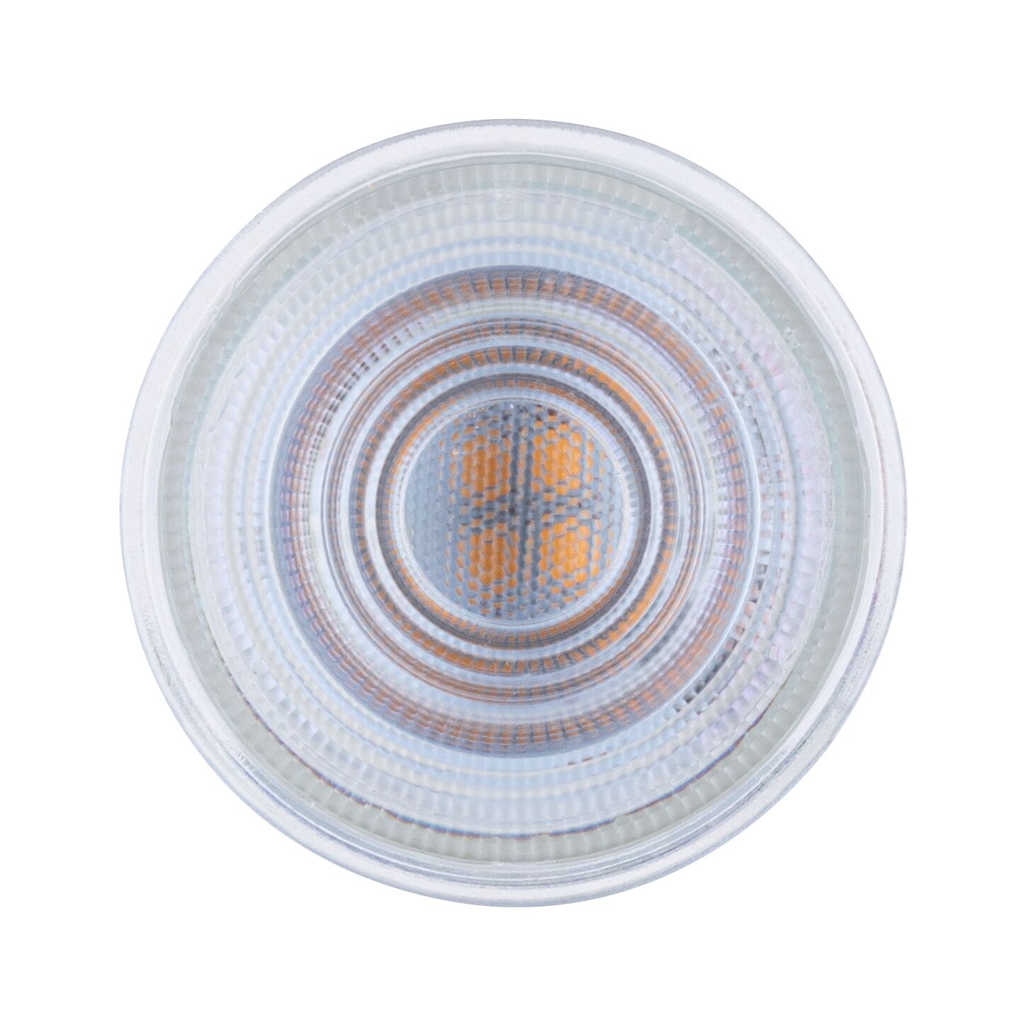 Round LED lamp with clear glass and visible orange LED chips for energy-efficient lighting