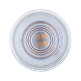 Round LED lamp with clear glass and visible orange LED chips for energy-efficient lighting