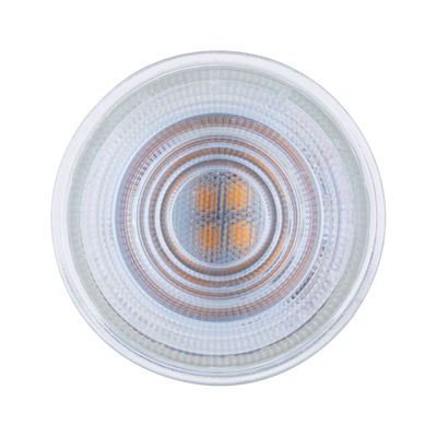 Round LED lamp with clear glass and visible orange LED chips for energy-efficient lighting